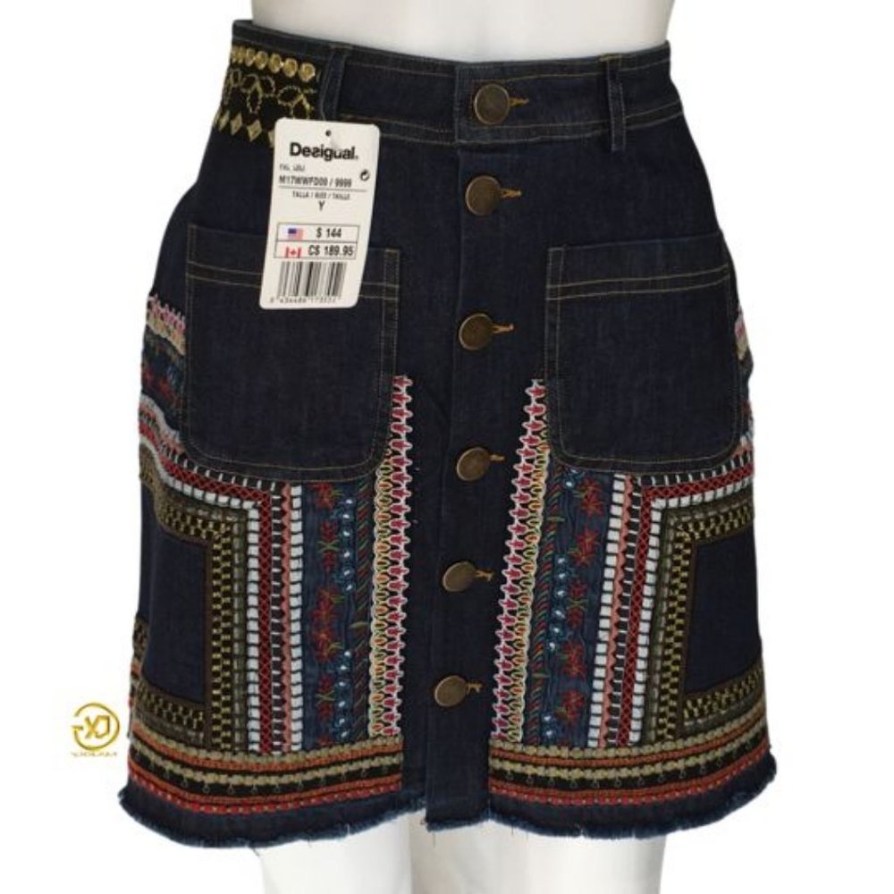 NWT Desigual Women's Denim Embroidery Mini Skirt Sz 6